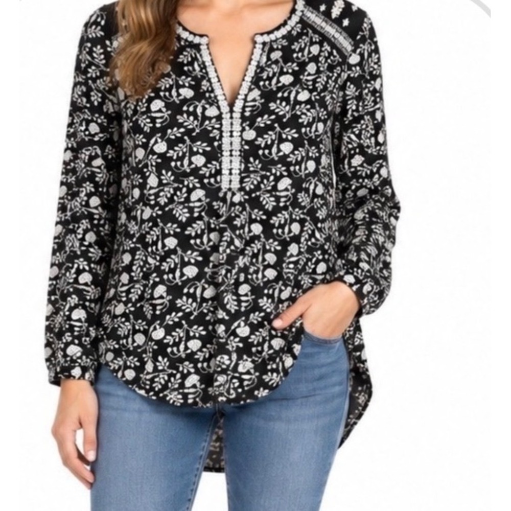 Lucky Brand Womens 3X Black White Embroidered Boho Peasant Blouse Top LS